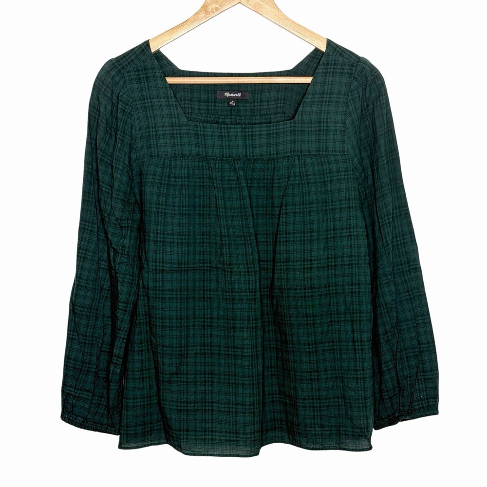 Madewell Plaid Square Neck Top Green Womens Size M Preppy Heritage Academia